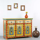 Brush & Timber Handmade Carved Mango Wood Handpainted Cabinet Sideboard